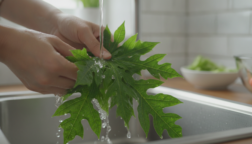 A person s hands gently washing fresh green papaya leaves under running water in a kitchen sink preparing them for tea