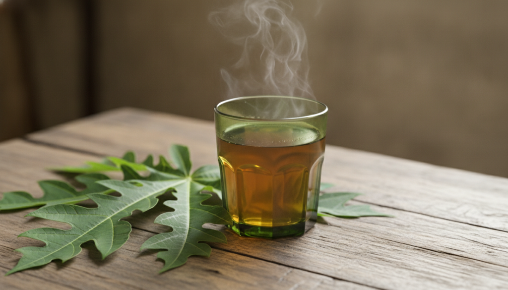 A glass of dark green papaya leaf tea steaming gently placed on a simple wooden table with a few fresh papaya leaves bes