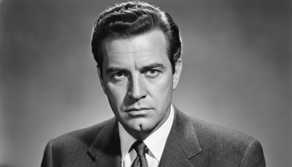 A black and white publicity photo of Kirk Douglas from the 1950s showcasing his distinctive chin and intense gaze