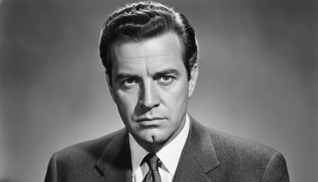 A black and white publicity photo of Kirk Douglas from the 1950s showcasing his distinctive chin and intense gaze