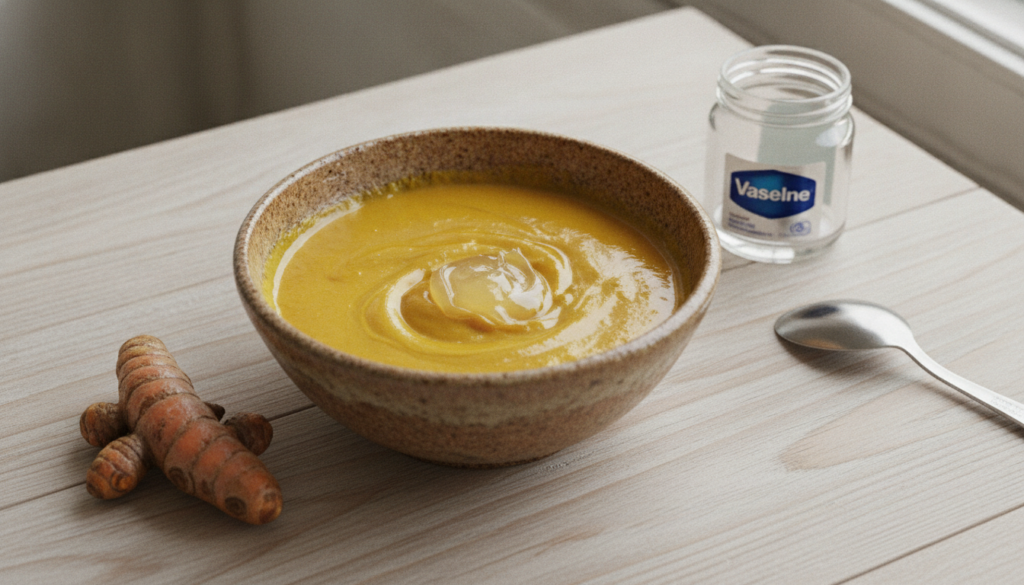 A small bowl containing a yellow turmeric paste mixed with a small amount of Vaseline next to a fresh turmeric root and 
