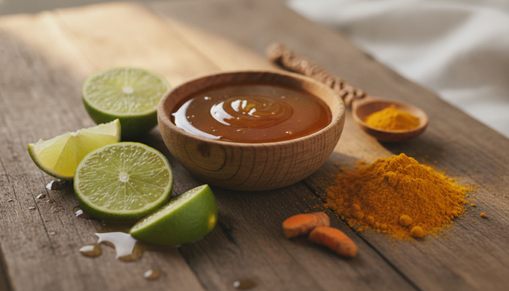 A close-up of fresh lime slices a bowl of honey and a small amount of turmeric powder arranged aesthetically on a wooden