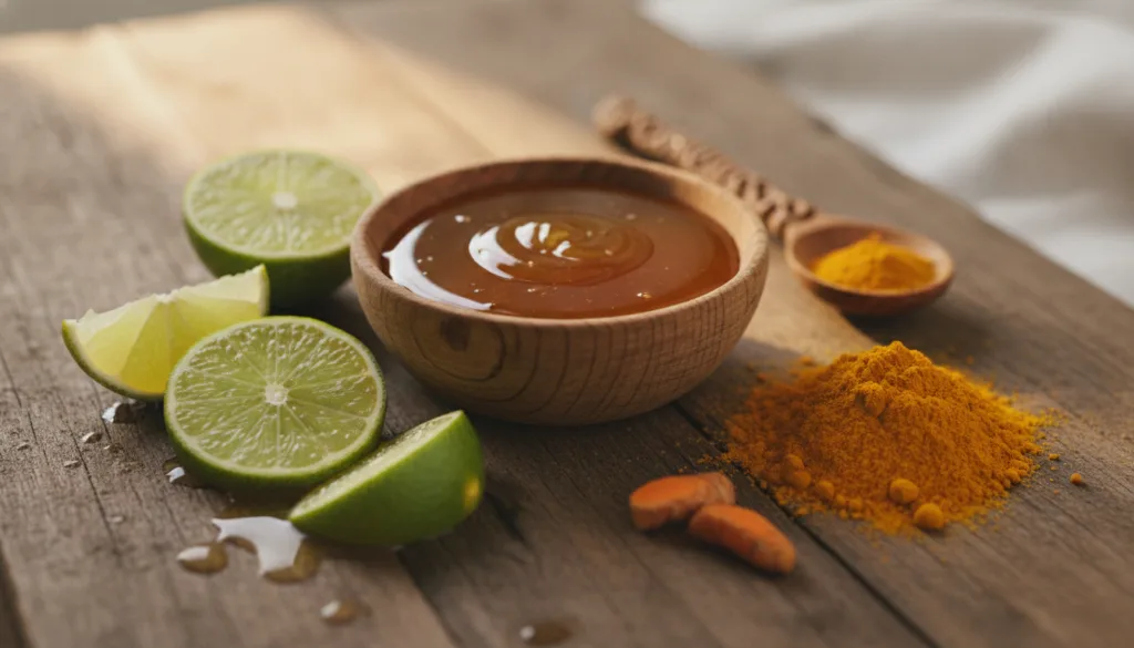 A close-up of fresh lime slices a bowl of honey and a small amount of turmeric powder arranged aesthetically on a wooden