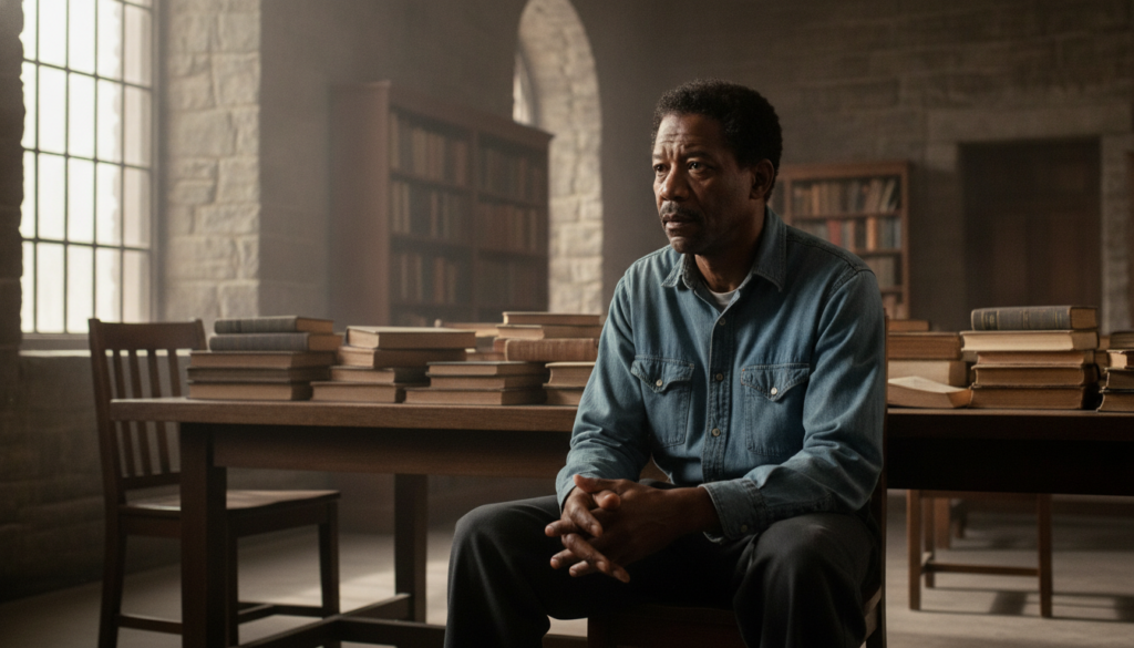 A movie still of Morgan Freeman as Ellis Red Redding in The Shawshank Redemption perhaps looking thoughtful or narrating