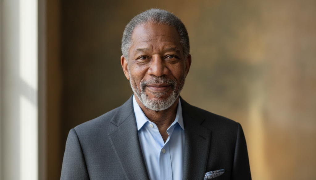 A dignified publicity portrait of Morgan Freeman in his later career perhaps with a gentle smile and thoughtful expressi
