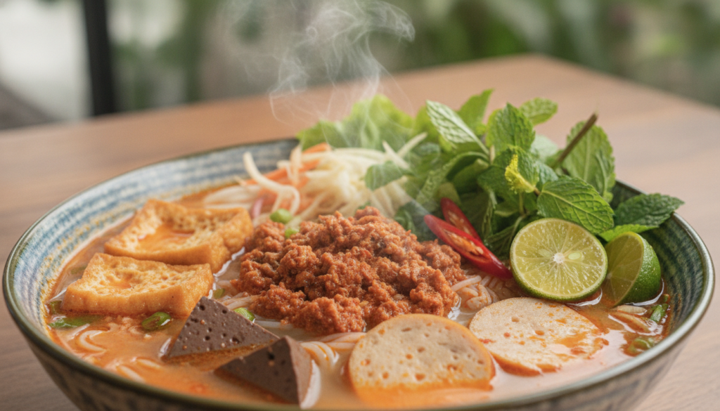 A close-up shot of a vibrant bowl of Bún riêu a Vietnamese crab paste noodle soup garnished with fresh herbs lime and ch