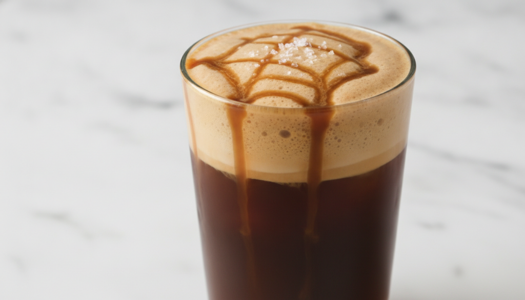 A tall glass of Salted Caramel Cold Foam Cold Brew topped with thick airy cold foam caramel drizzles and a sprinkle of s