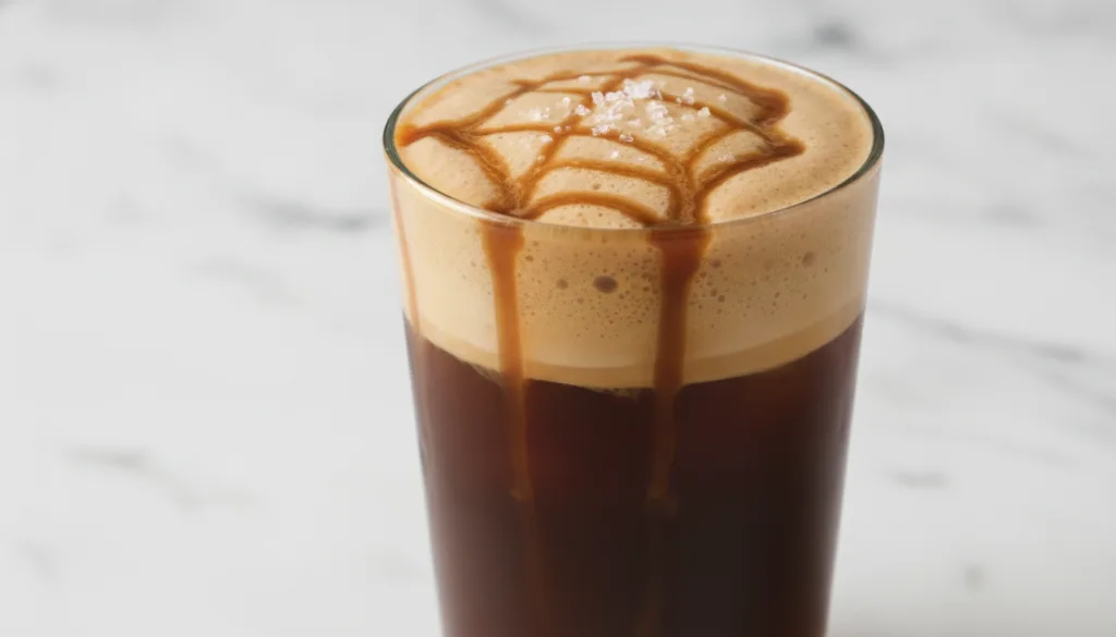 A tall glass of Salted Caramel Cold Foam Cold Brew topped with thick airy cold foam caramel drizzles and a sprinkle of s