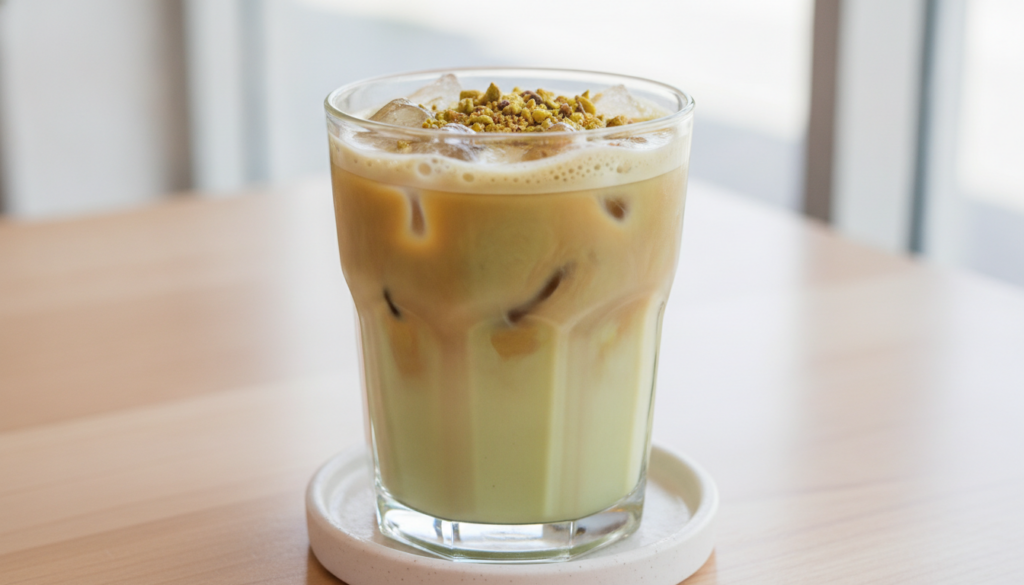 A clear glass of Iced Pistachio Latte with ice showing the light green hue of the pistachio syrup mixed with espresso an