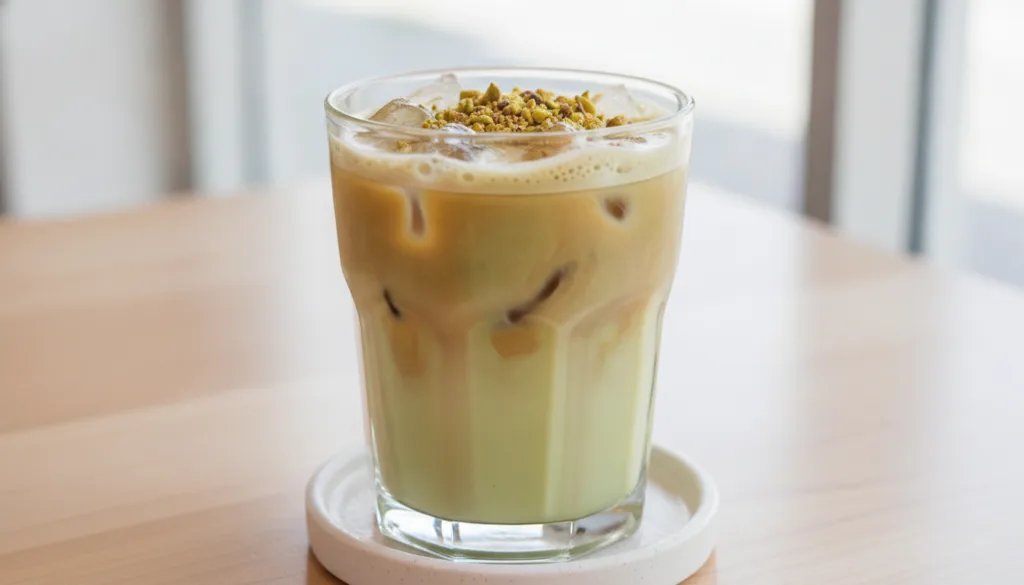 A clear glass of Iced Pistachio Latte with ice showing the light green hue of the pistachio syrup mixed with espresso an