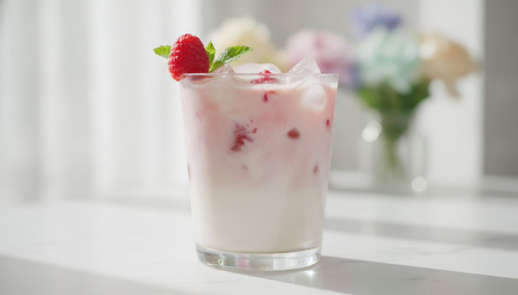 A clear glass of White Chocolate Raspberry Iced Latte with ice showing layers of white coffee and raspberry-infused milk