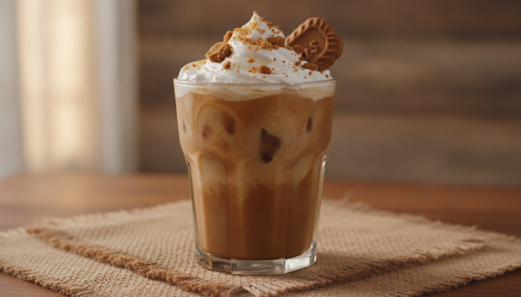 A clear glass of Biscoff Cookie Butter Iced Latte with ice topped with a dollop of whipped cream and crushed Biscoff coo