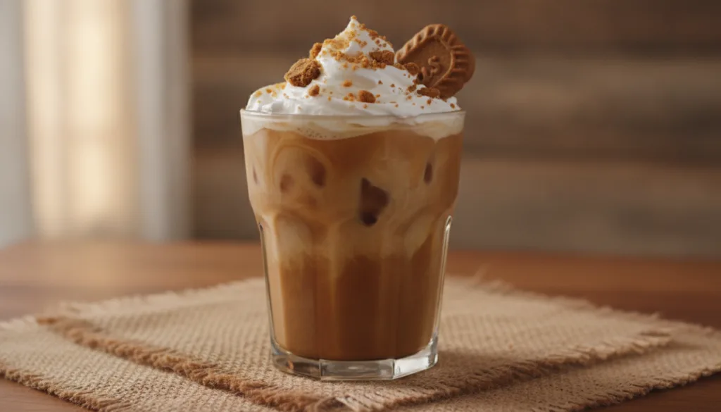 A clear glass of Biscoff Cookie Butter Iced Latte with ice topped with a dollop of whipped cream and crushed Biscoff coo