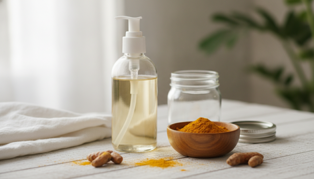 Ingredients for the DIY remedy a bottle of baby oil a small bowl of turmeric powder and an empty mixing jar