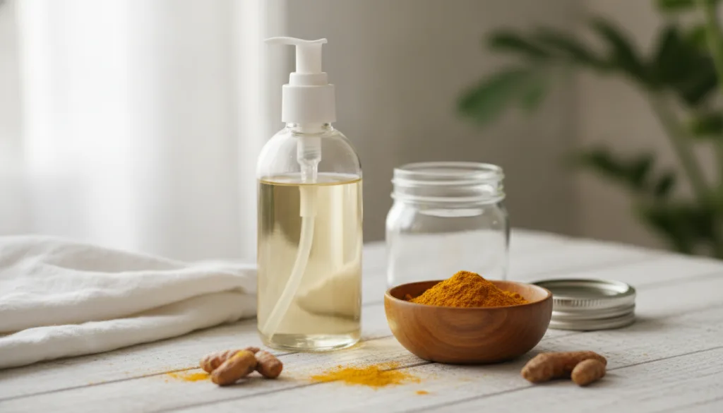Ingredients for the DIY remedy a bottle of baby oil a small bowl of turmeric powder and an empty mixing jar