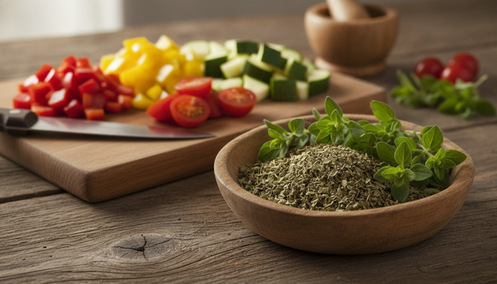 Fresh oregano sprigs and dried oregano leaves in a small wooden bowl next to a cutting board with chopped vegetables lik