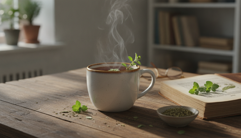 A cup of warm herbal tea with a sprig of fresh oregano as garnish on a cozy table next to a book suggesting relaxation a