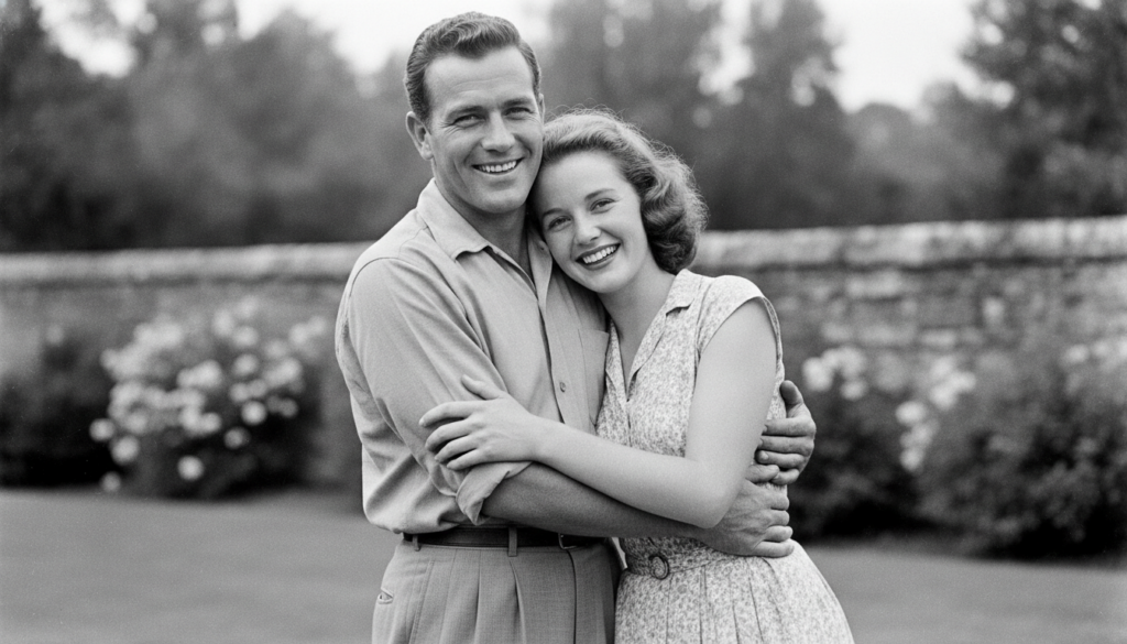 A real archival photo of Charlton Heston and Lydia Clarke looking happy together perhaps at an event or casually from th