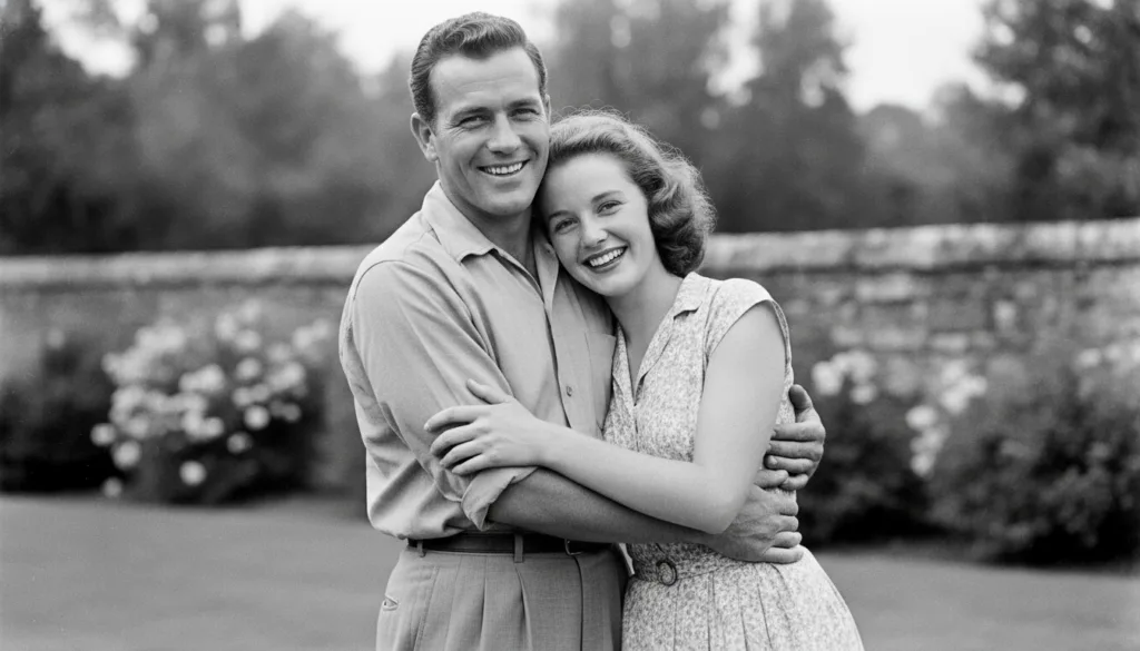 A real archival photo of Charlton Heston and Lydia Clarke looking happy together perhaps at an event or casually from th