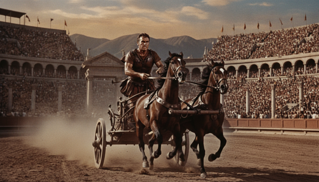 A real film still or poster of Charlton Heston in one of his famous epic roles such as Ben-Hur or The Ten Commandments
