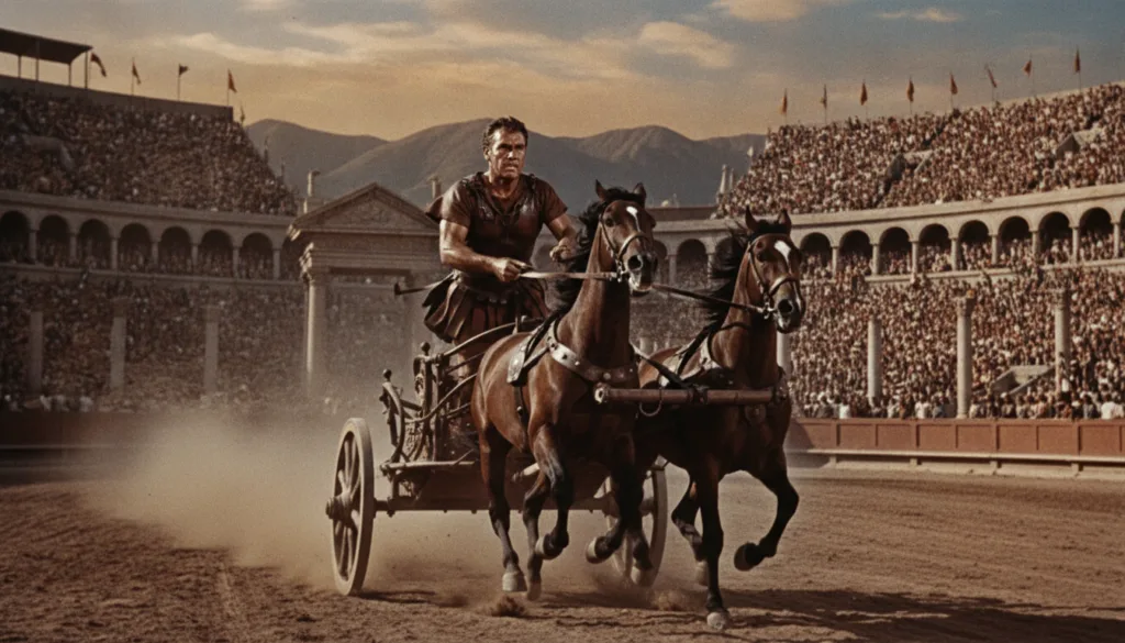 A real film still or poster of Charlton Heston in one of his famous epic roles such as Ben-Hur or The Ten Commandments