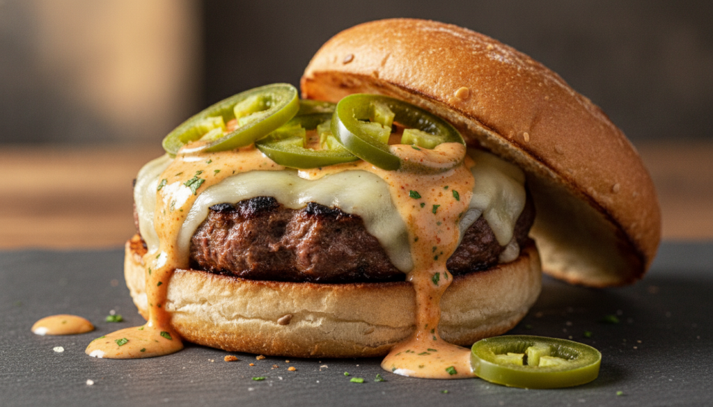 A fiery spicy jalapeño burger with melted pepper jack cheese fresh jalapeño slices and a vibrant sauce served on a rusti