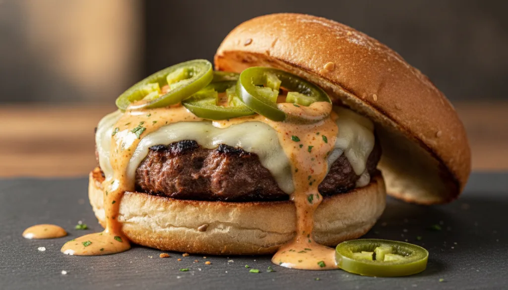 A fiery spicy jalapeño burger with melted pepper jack cheese fresh jalapeño slices and a vibrant sauce served on a rusti