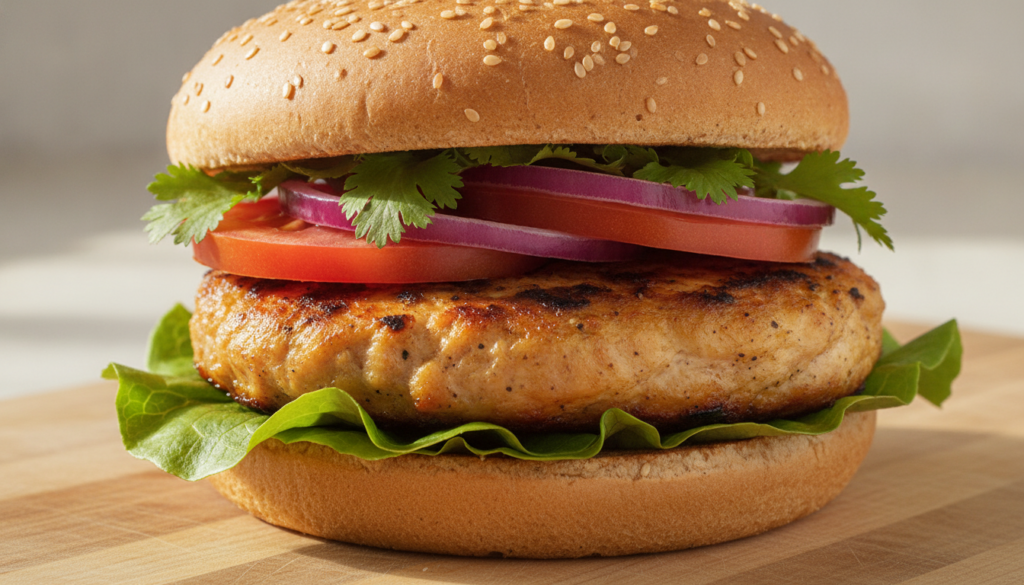 A juicy chicken burger with crispy lettuce tomato and red onion on a whole wheat bun garnished with herbs