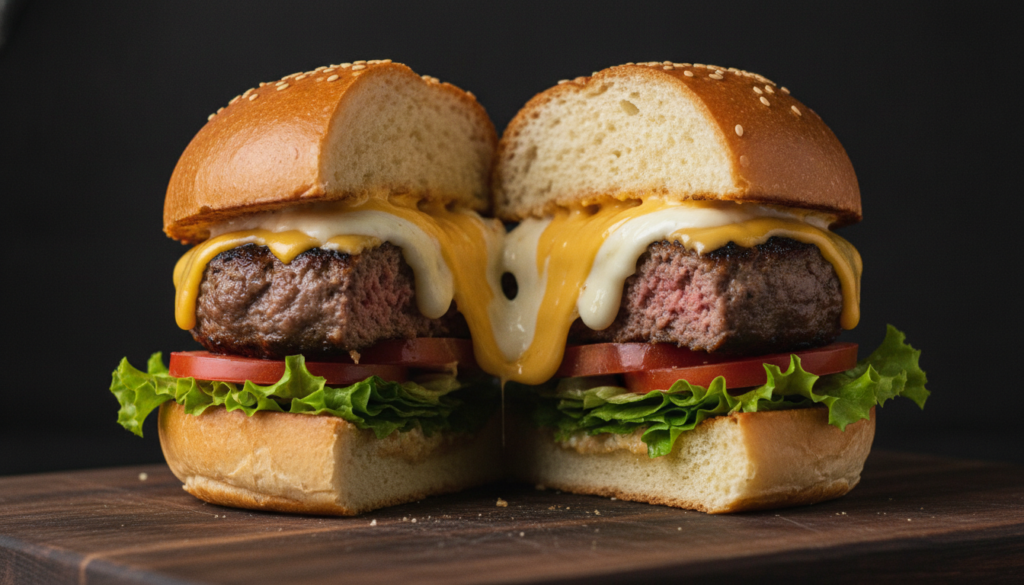 A delicious cheese stuffed burger cut in half to show the melted cheese core with fresh toppings and a toasted bun