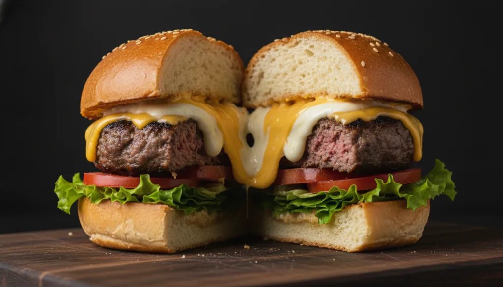 A delicious cheese stuffed burger cut in half to show the melted cheese core with fresh toppings and a toasted bun