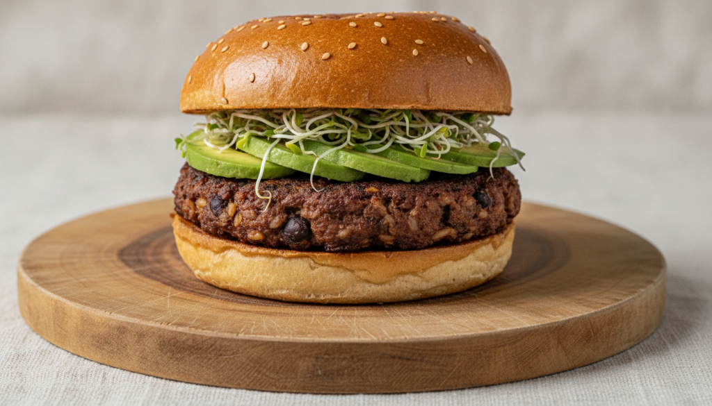 A robust veggie burger made with black beans and brown rice served on a brioche bun with avocado and sprouts