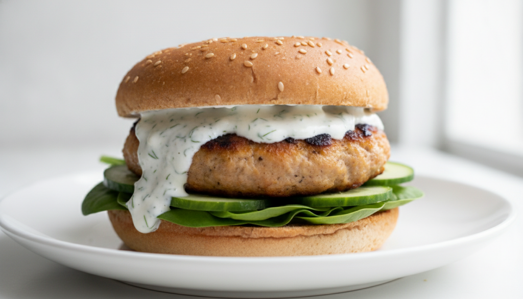 A well-cooked turkey burger on a whole wheat bun with a creamy sauce fresh spinach and cucumber slices
