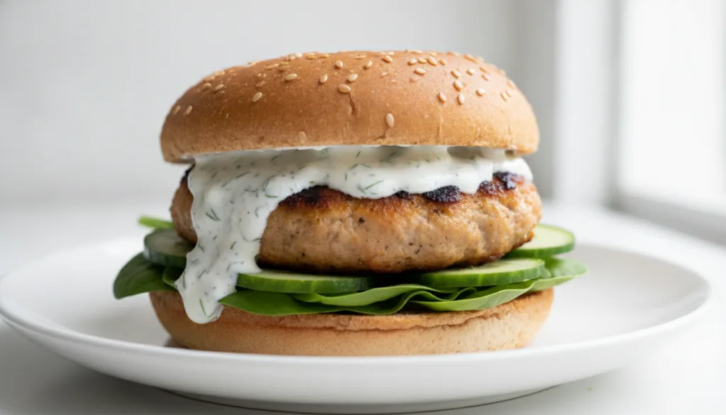 A well-cooked turkey burger on a whole wheat bun with a creamy sauce fresh spinach and cucumber slices