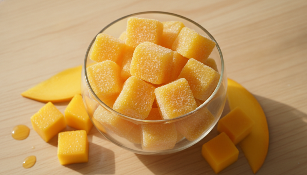 Small bowl of bright yellow mango fruit chews sugar-coated with fresh mango cubes and slices around