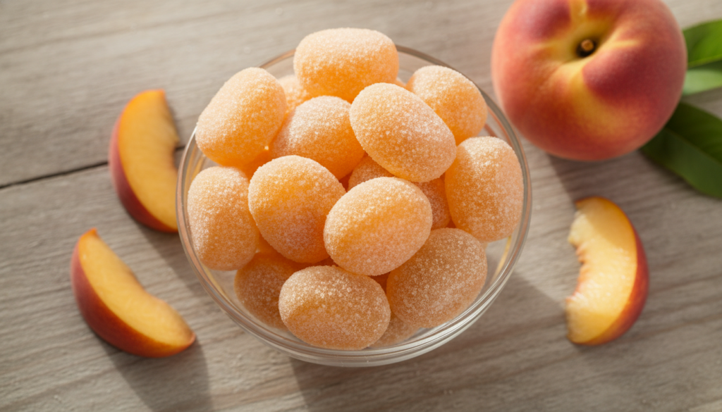 Small bowl of light orange peach fruit chews sugar-coated with fresh peach slices and a whole peach around