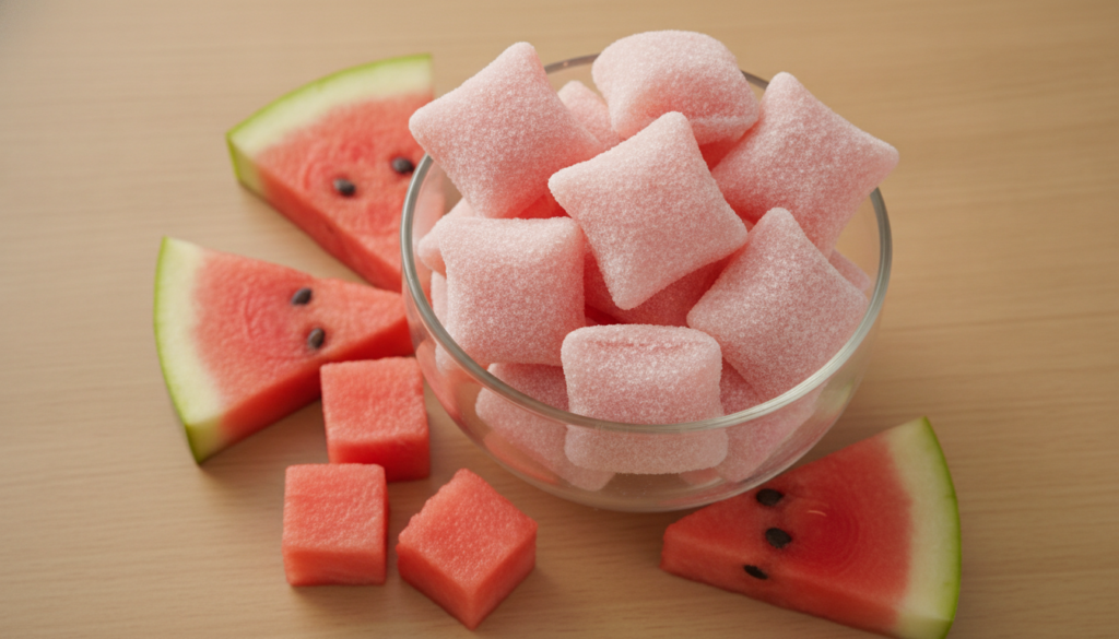 Small bowl of pink watermelon fruit chews sugar-coated with fresh watermelon slices around