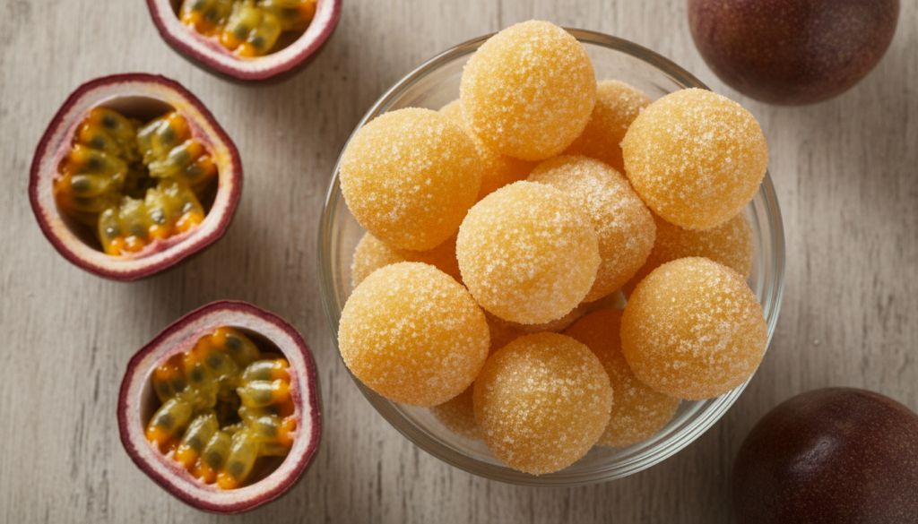 Small bowl of golden passion fruit chews sugar-coated with fresh passion fruit halves and pulp around