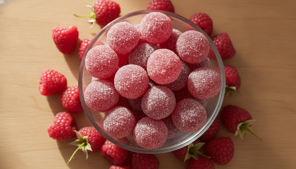 Small bowl of deep pink raspberry fruit chews sugar-coated with fresh raspberries scattered around
