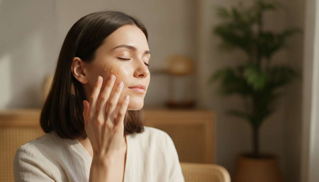 A woman gently massaging a few drops of homemade infused oil onto her face looking calm and radiant
