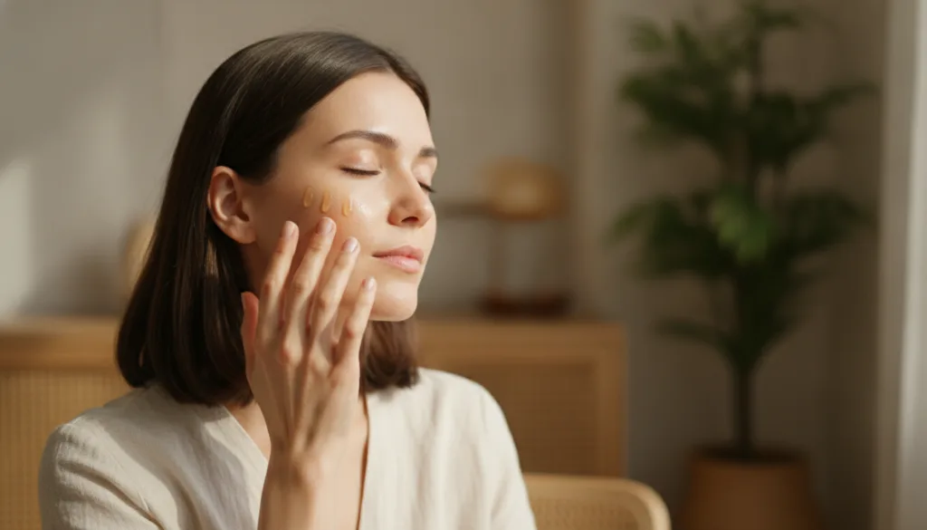 A woman gently massaging a few drops of homemade infused oil onto her face looking calm and radiant