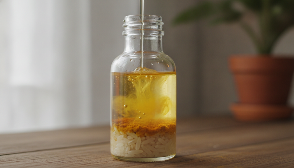 Close-up of baby oil being poured over rice and turmeric in a small glass bottle for infusion