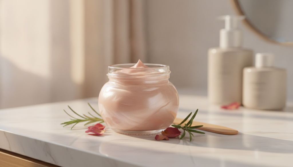 Prepared mixture of vaseline baby oil and rosehip oil in a small jar