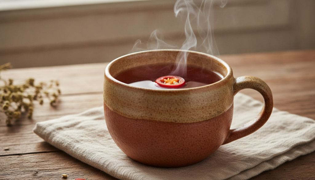 A warm mug of prepared cattail onion and chili herbal decoction steaming gently