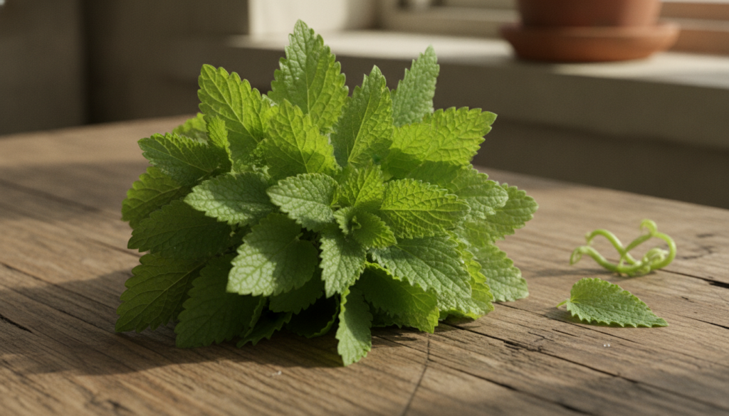 A close-up of fresh vibrant green Lemon Balm leaves on a wooden surface ready for preparation