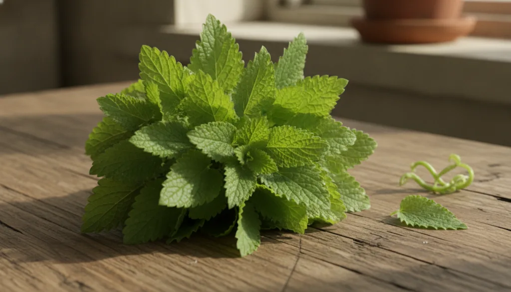 A close-up of fresh vibrant green Lemon Balm leaves on a wooden surface ready for preparation