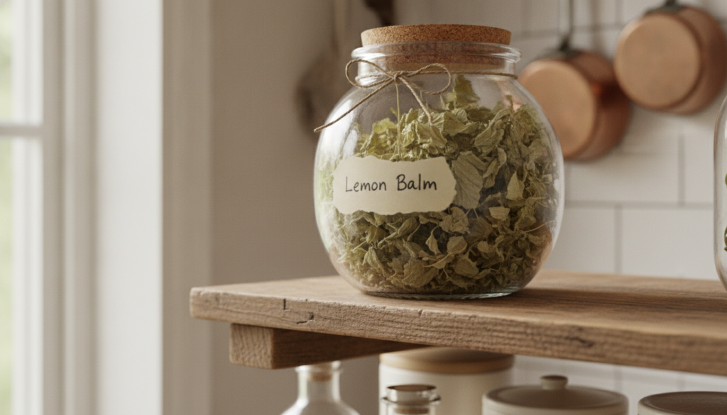 A clear glass jar filled with dried Lemon Balm leaves labeled for storage on a kitchen shelf