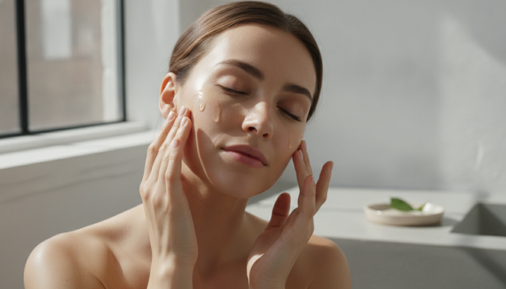 A woman gently massaging a few drops of infused baby oil onto her face focusing on her cheeks and forehead with a soft r