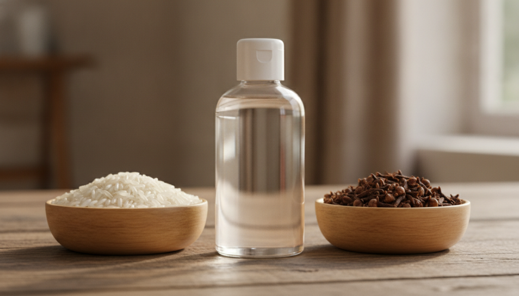 Individual ingredients for the infused baby oil a bottle of baby oil a small bowl of white rice and a small bowl of drie
