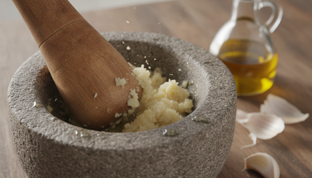 A close-up shot of garlic cloves being crushed in a mortar and pestle with olive oil nearby ready to be mixed into a pas