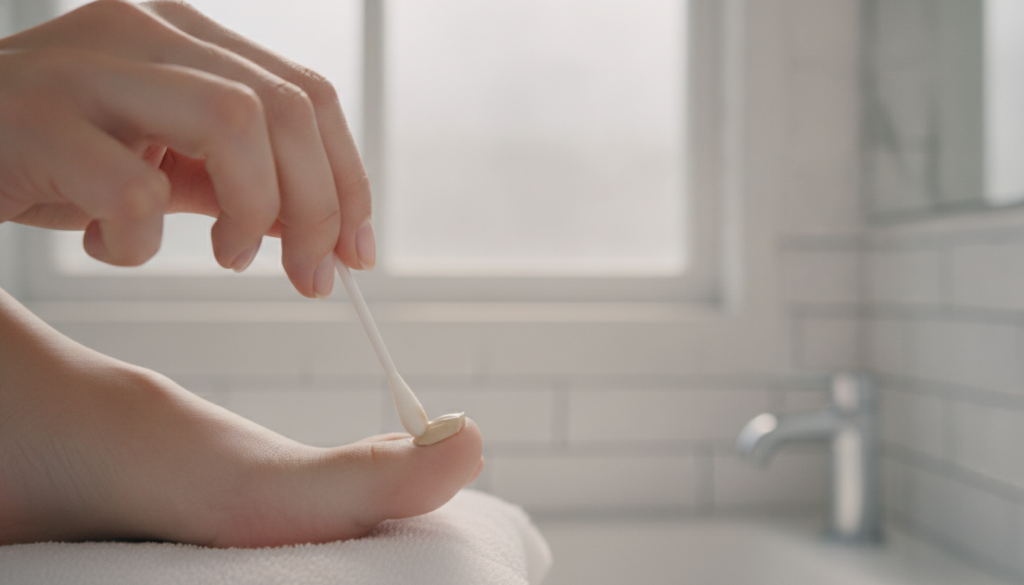 A hand gently applying the garlic-oil paste to a toenail using a cotton swab showing the application process clearly